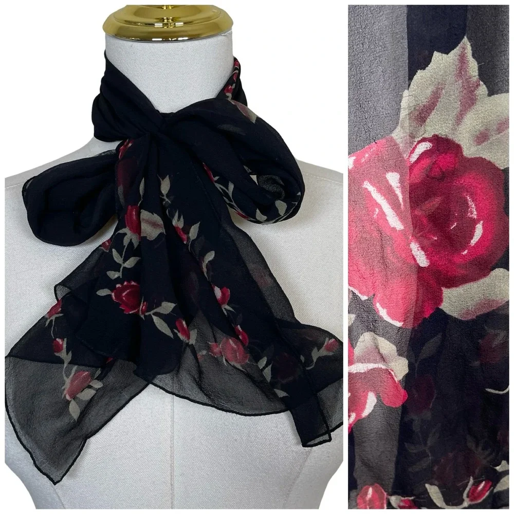 Vintage Floral Rose Silk Chiffon Scarf Black Red‎ Sheer 90s Goth Dark Romantic